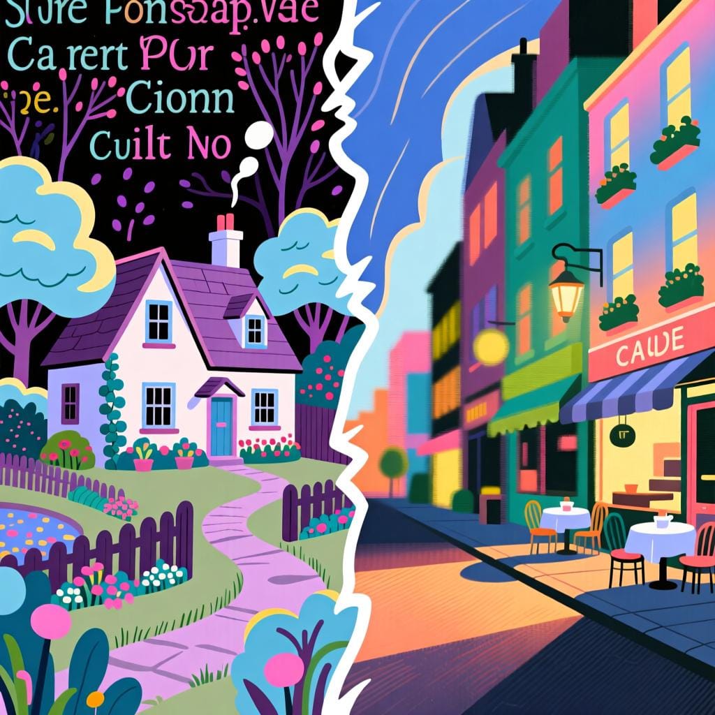 A split image showing a quiet, rustic countryside scene on one side and a bustling, vibrant city street on the other, representing different lifestyles.