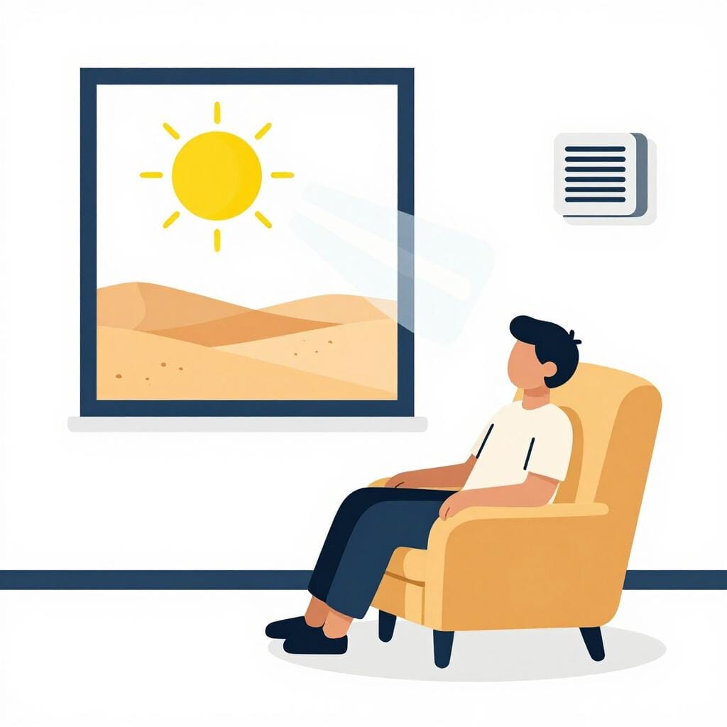 A person wearing a cozy sweater sitting comfortably inside while it is very hot and sunny outside the window.