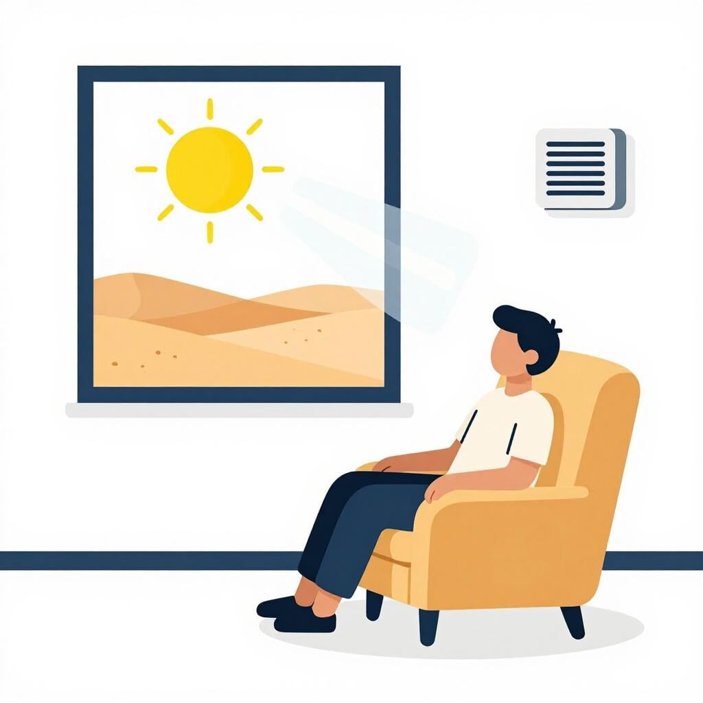 A person wearing a cozy sweater sitting comfortably inside while it is very hot and sunny outside the window.