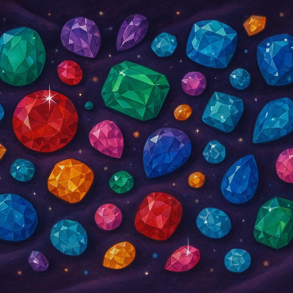 A simple illustration showing a dazzling collection of various brightly colored, sparkling jewels.