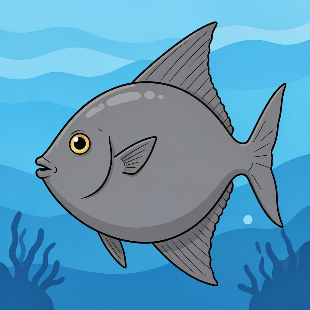 Un grande pesce luna grigio e piatto che nuota nel profondo oceano blu.