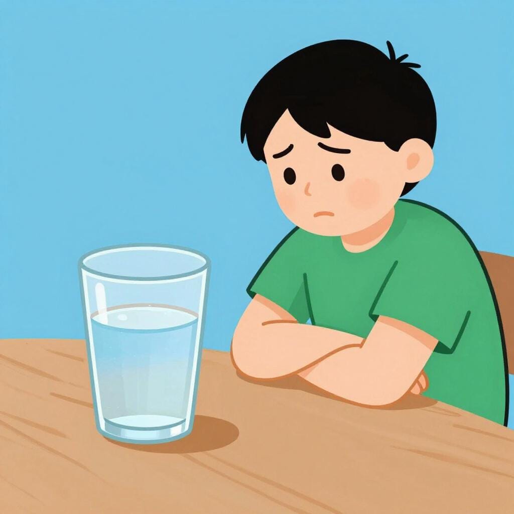 A person looking at a glass of water that is half-empty with a discouraged expression.