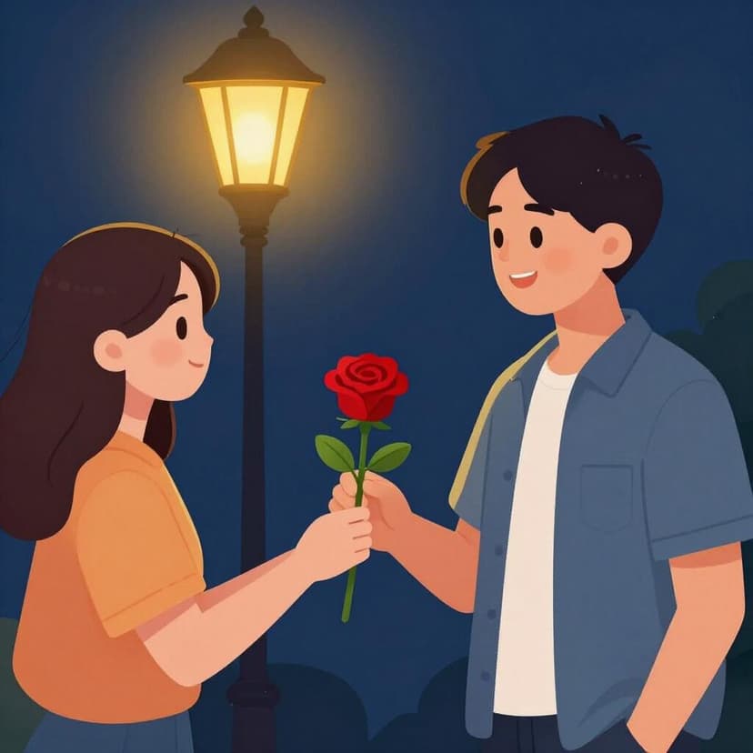 A charming person offering a single red rose to another person under a warm streetlamp.