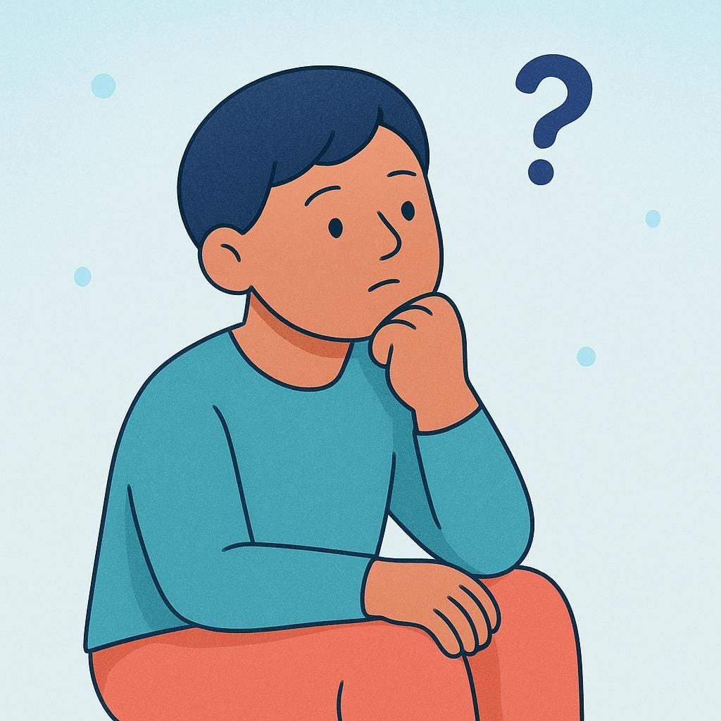 A young person sitting in a quiet, simple room, deep in concentration with their chin resting on their hand, looking intently at a floating question mark above their head.
