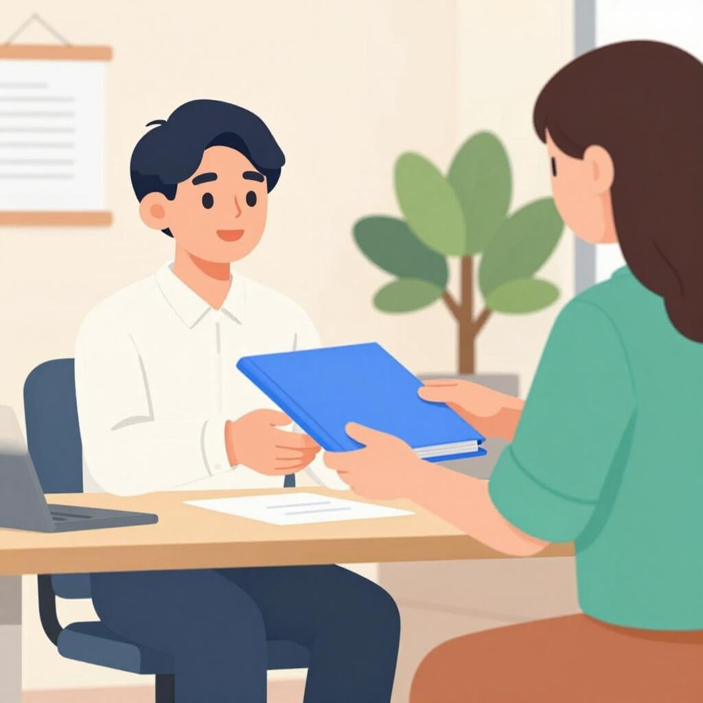 A person handing a folder to a professional person across a desk.