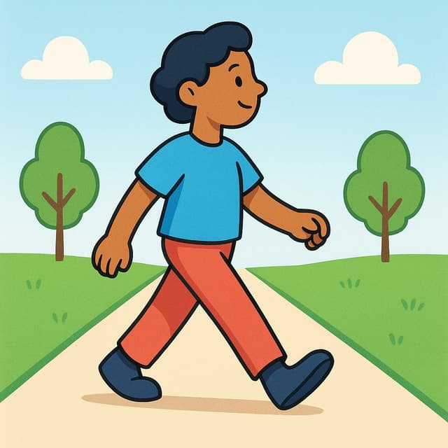 A simplified illustration of a single figure walking forward on a clear, sunny path, shown mid-stride.