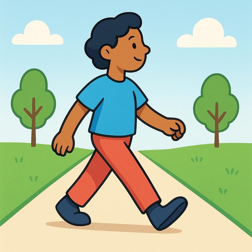 A simplified illustration of a single figure walking forward on a clear, sunny path, shown mid-stride.