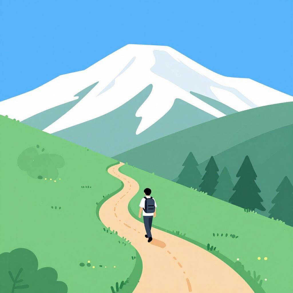 A hiker walking down a steep mountain path toward a lush green valley.