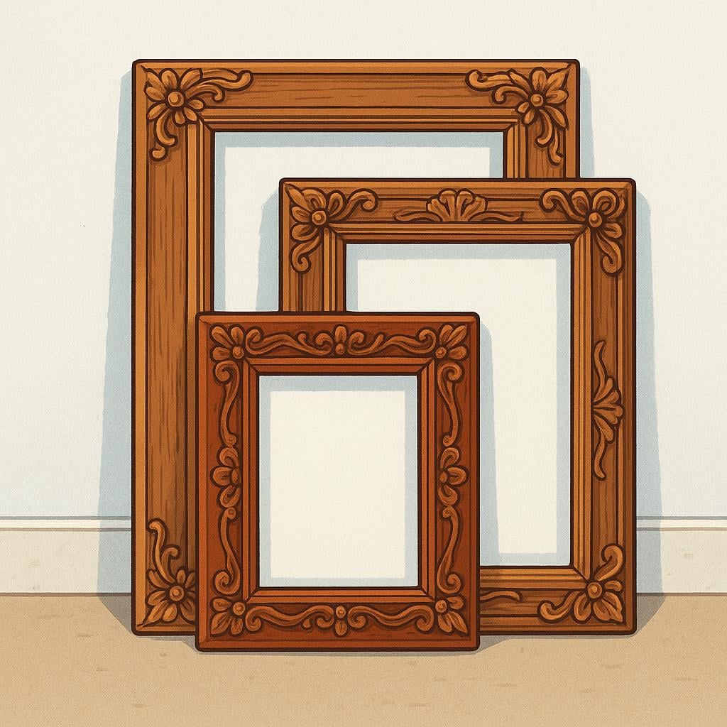 A stack of three ornate wooden picture frames of different sizes leaning against a wall.