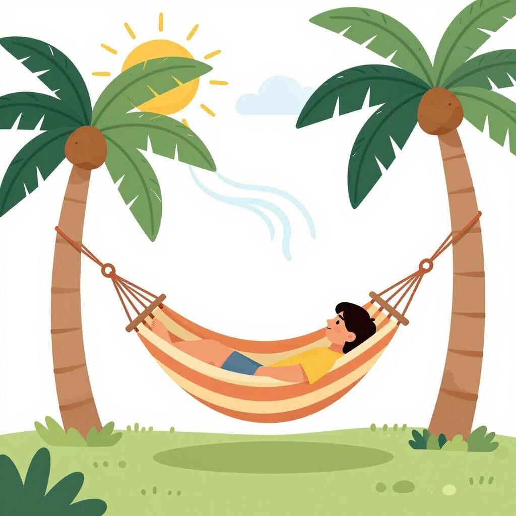A person relaxing in a colorful hammock between two palm trees on a sunny day.