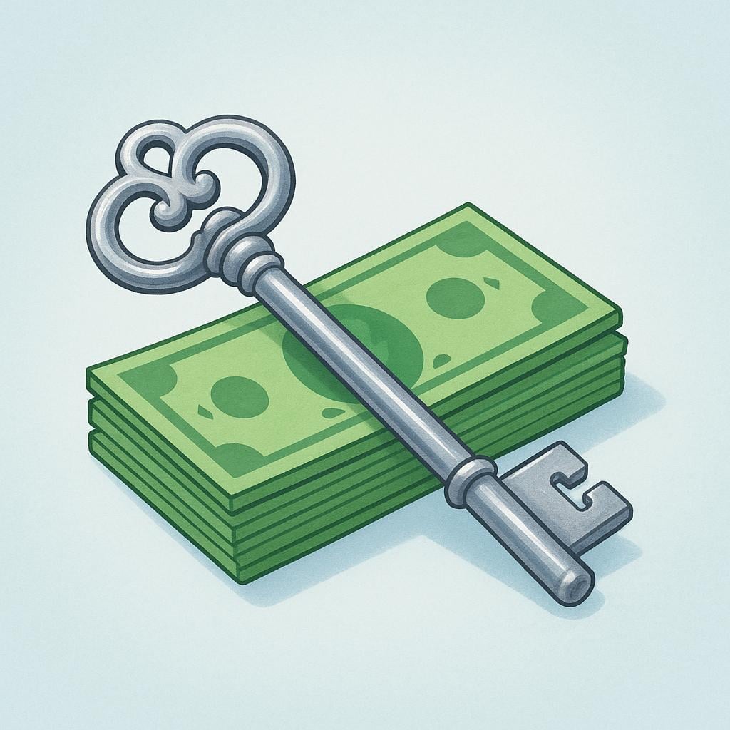 A large, ornate antique silver key resting on top of a small stack of green paper money.