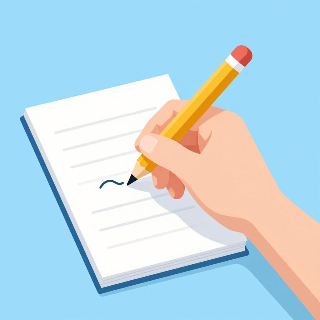 A hand holding a pencil writing on a small notepad.