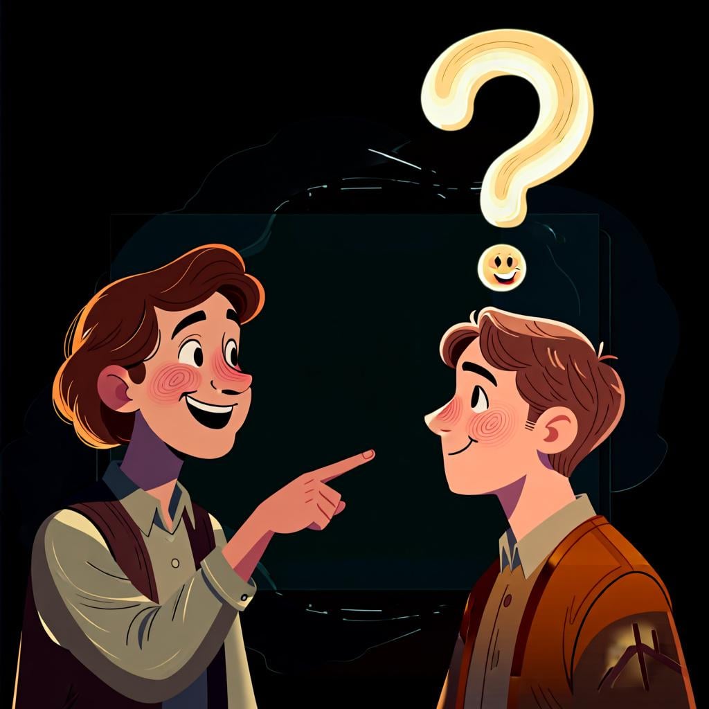 A person pointing to another person with a friendly, questioning expression, with a large question mark floating above the second person's head.