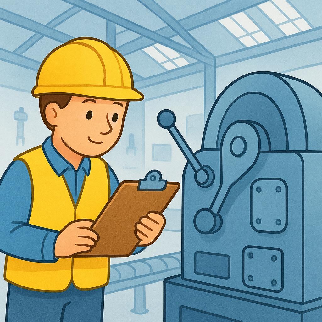 An adult wearing a yellow hard hat and safety vest holds a clipboard while closely examining a large, simple piece of machinery inside a factory setting, illustrating the act of inspection.