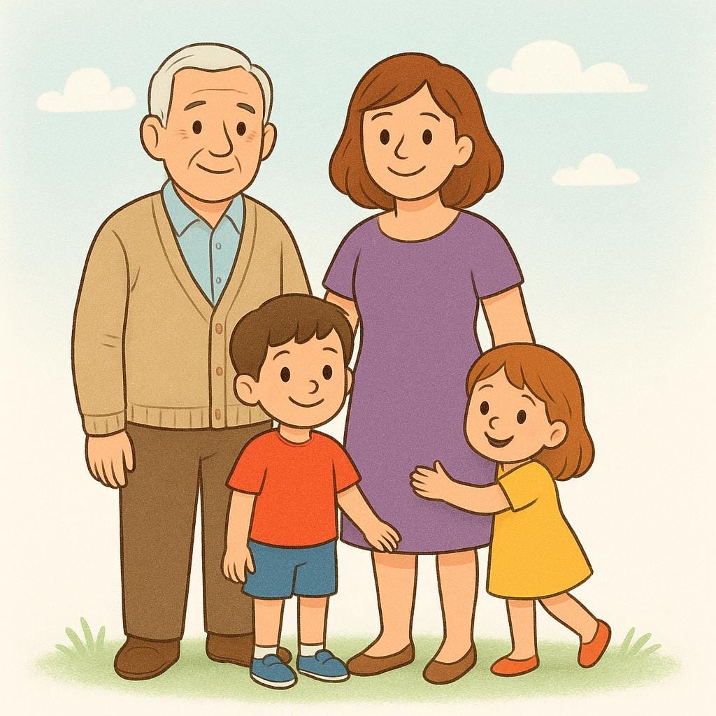 A colorful storybook illustration showing a multi-generational family group: an older man (grandfather), a woman (mother), and two young children, all standing together and smiling happily.