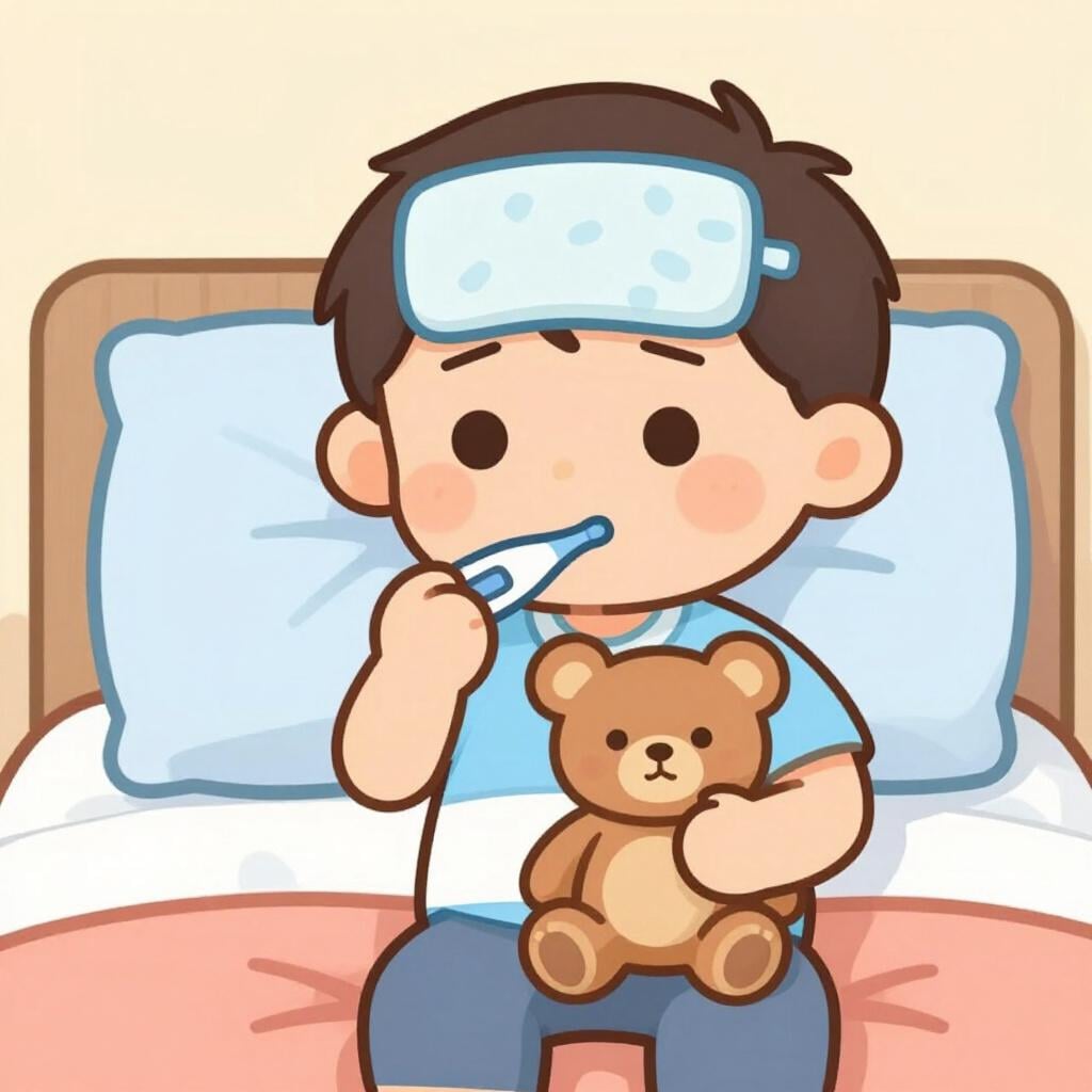 A sad child sitting on a bed with a thermometer in their mouth and a cold compress on their forehead.