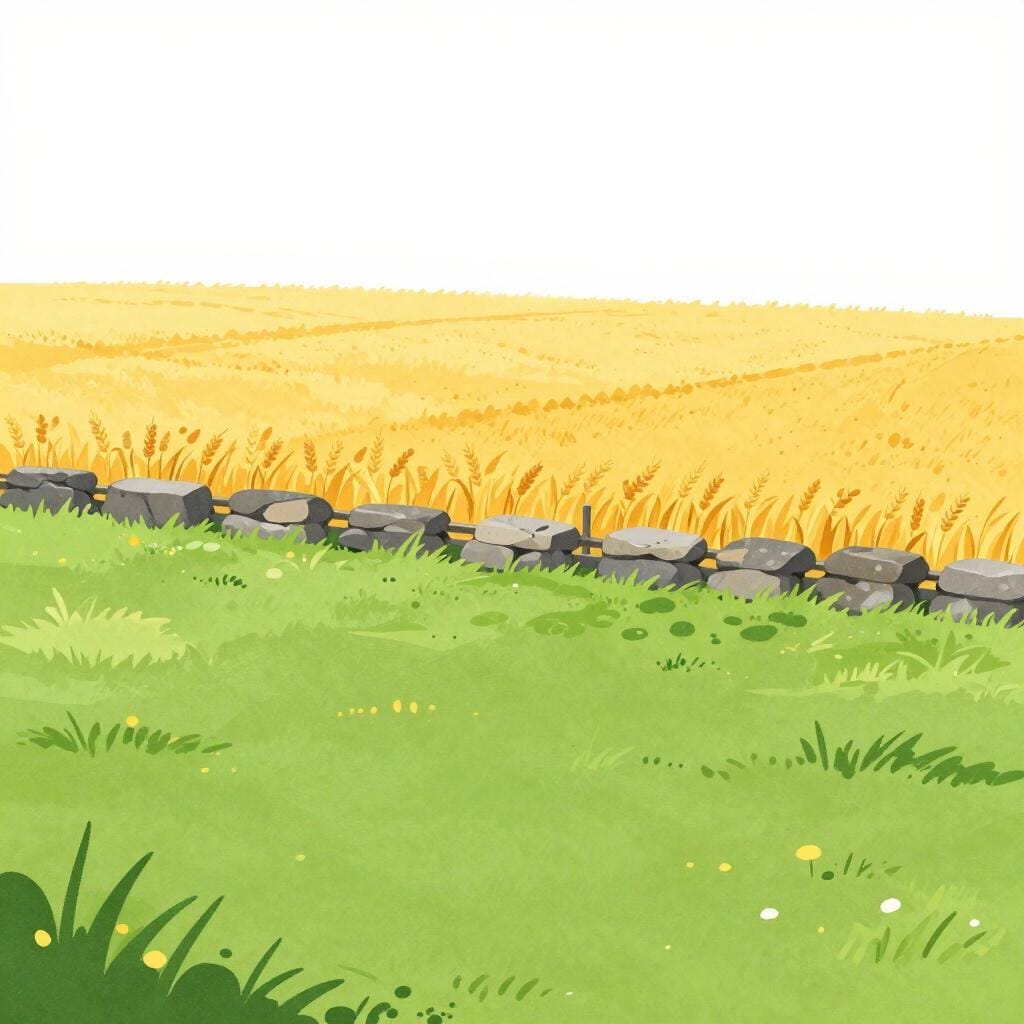 Two different colored fields, one green and one yellow, meeting at a neat stone wall.