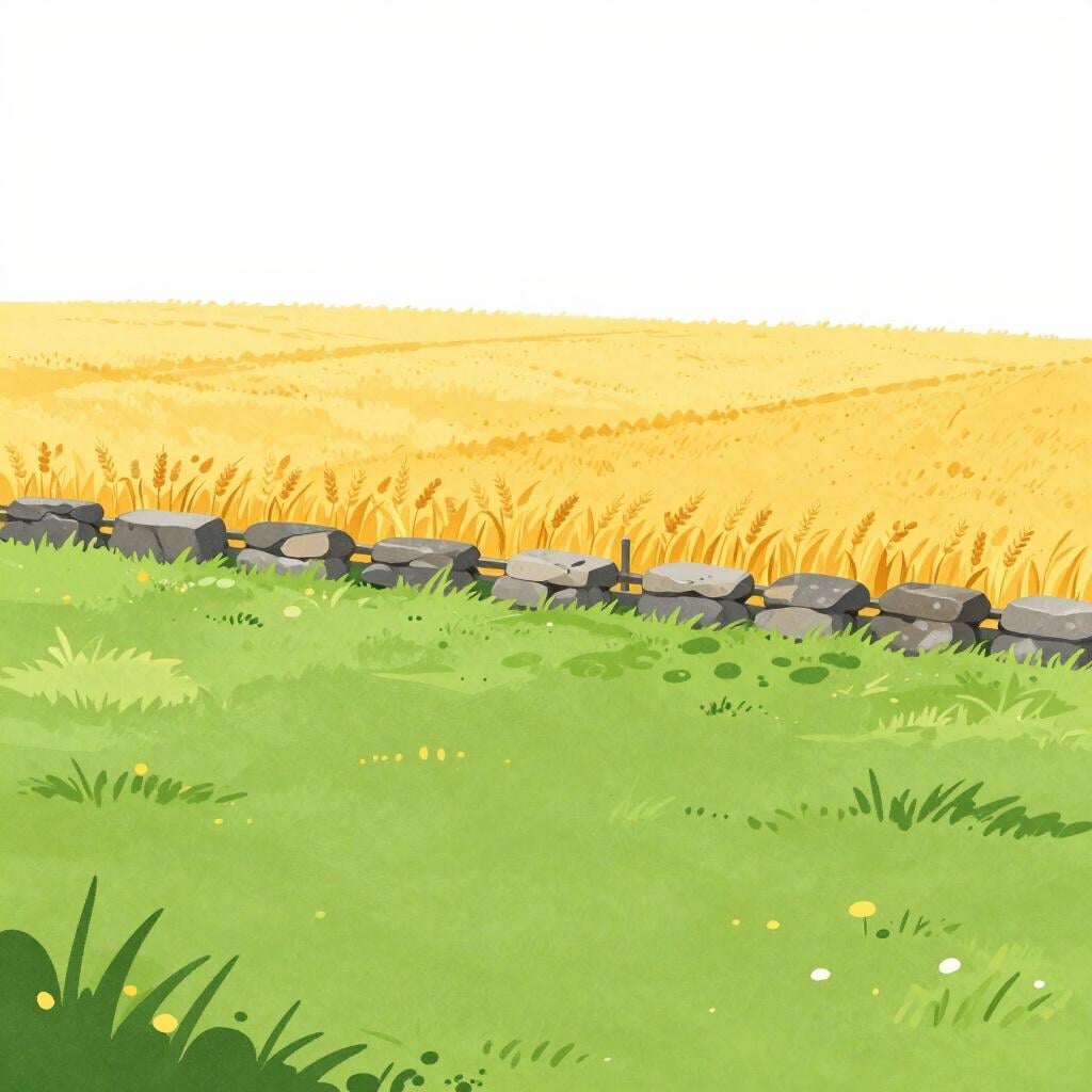 Two different colored fields, one green and one yellow, meeting at a neat stone wall.