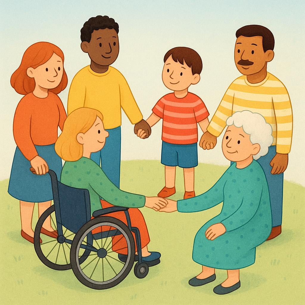 A high quality storybook illustration showing five diverse people (adults and children) standing together in a circle and holding hands, symbolizing society and community.