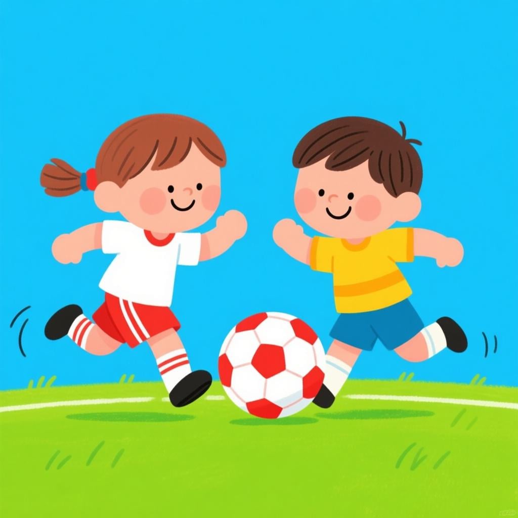 Two smiling children playing soccer with a red and white ball in a green park on a sunny day, representing the verb 'to play'.