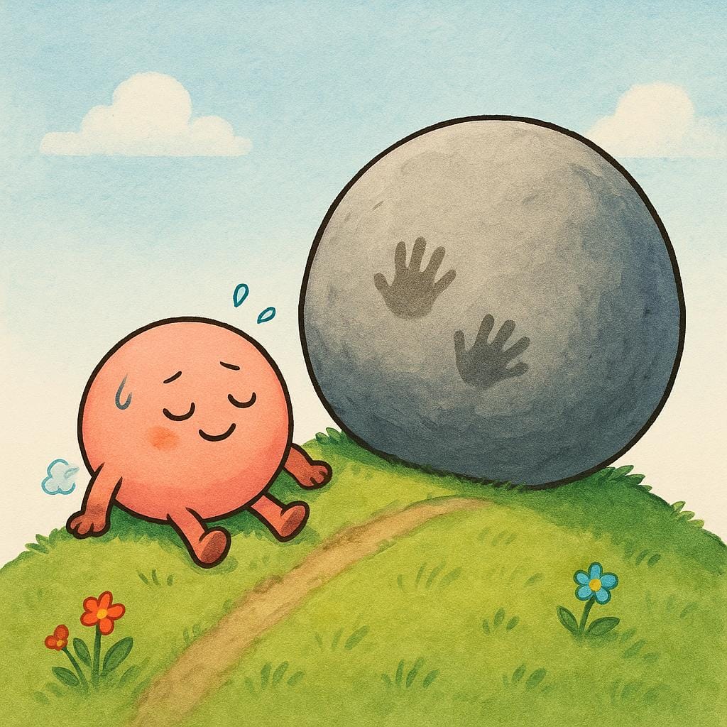 A tired but relieved cartoon character sitting next to a massive gray boulder at the top of a steep grassy hill, symbolizing a difficult, completed obligation.