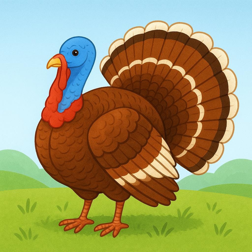 A large male turkey bird standing proudly with its tail feathers fanned out.