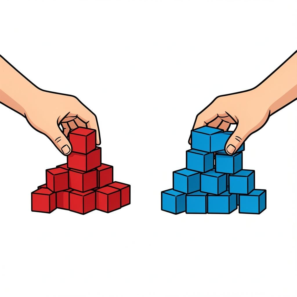 A pair of hands gently moving two different colored piles of toy blocks away from each other on a wooden table.