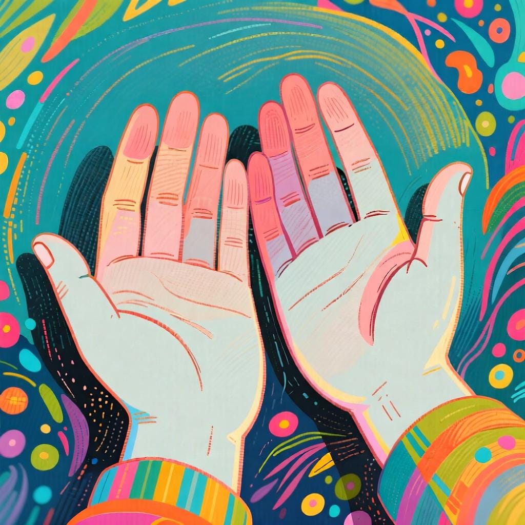 Ein Paar menschliche Hände, dargestellt mit leicht geöffneten und nach oben gerichteten Handflächen.