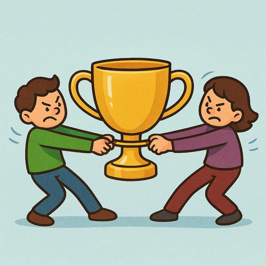 Two stylized figures engaged in a tug-of-war over a large golden trophy, symbolizing intense rivalry and struggle.