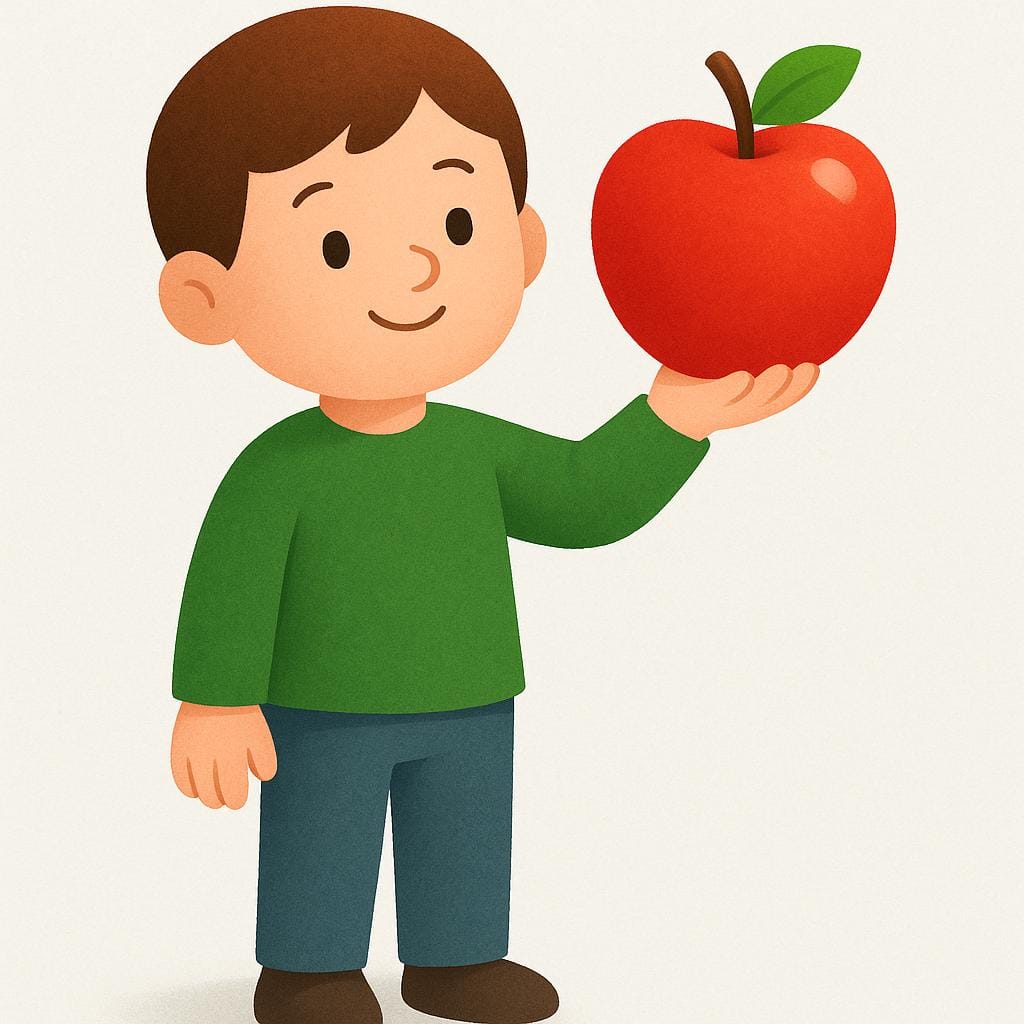 A friendly, simple character standing and presenting a large, bright red apple to the viewer, illustrating the act of showing.