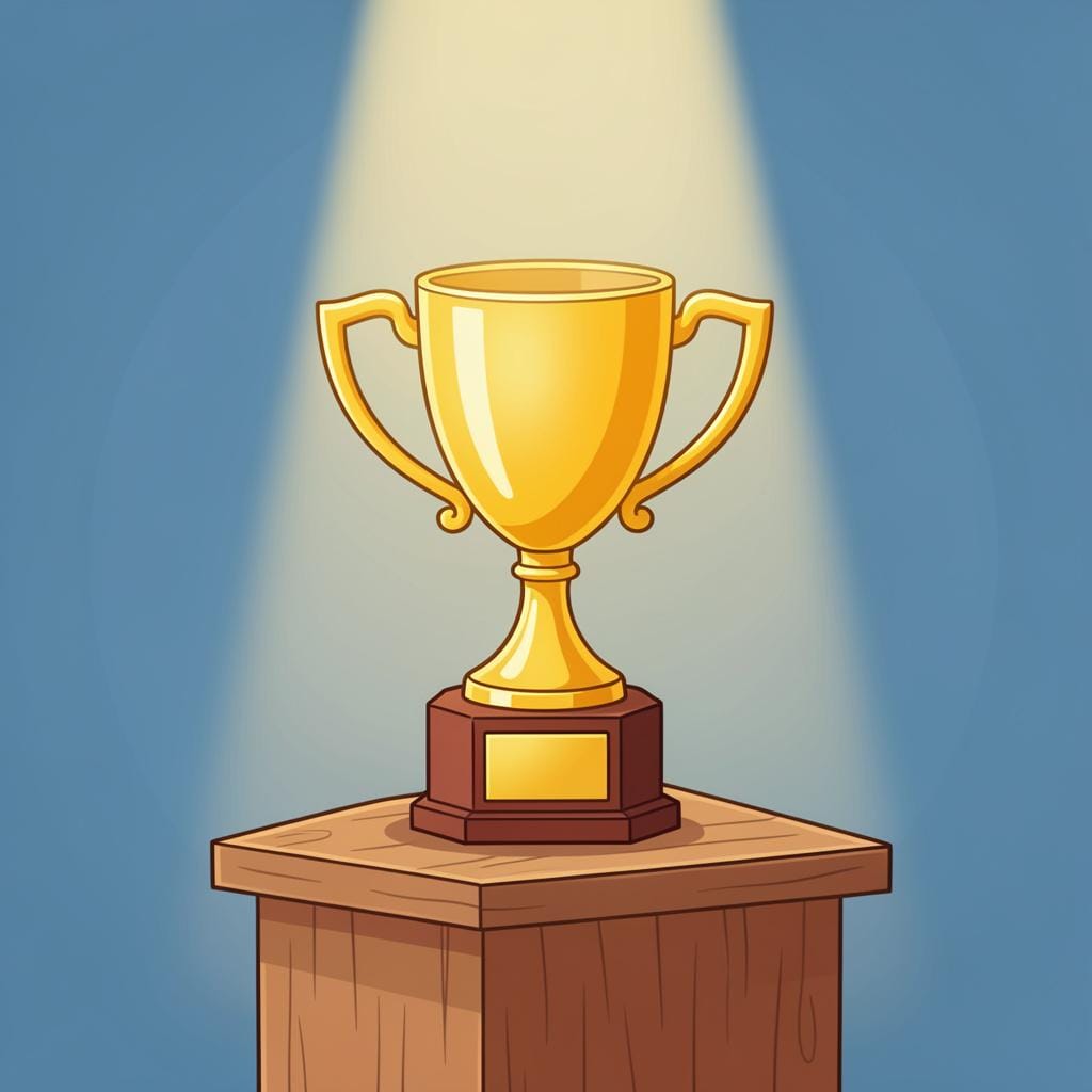 A gold trophy sitting on a pedestal under a bright spotlight.