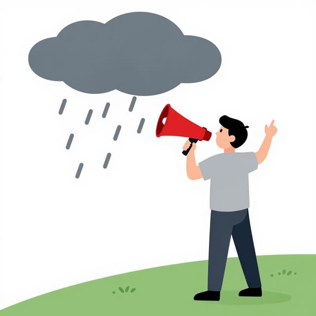 A person holding a megaphone and pointing toward a distant storm cloud to warn others.