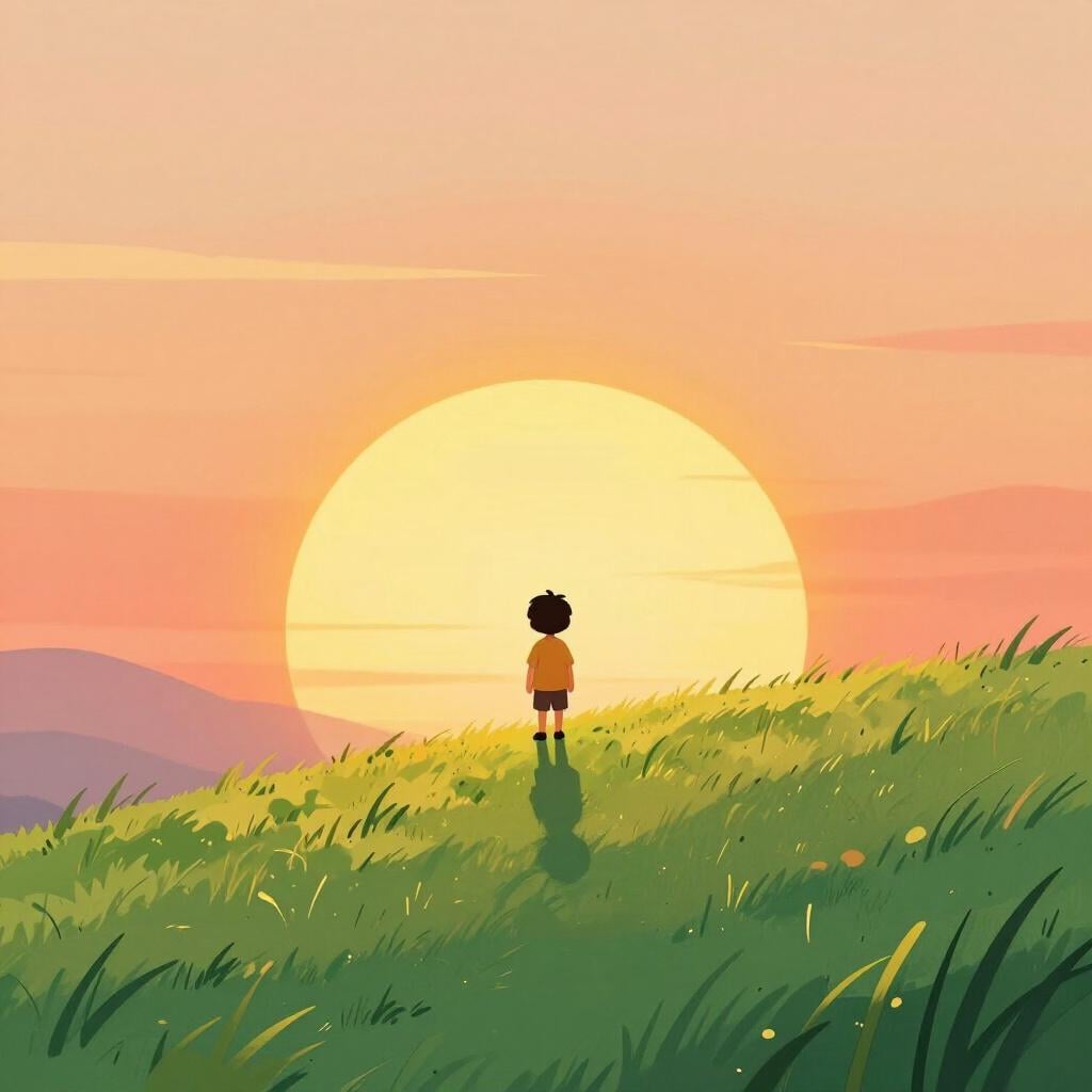 Un enfant debout en bas d'une colline regardant un soleil brillant qui commence à se lever.