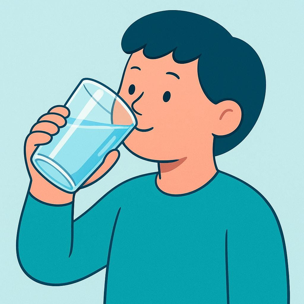 Une personne tenant un verre transparent rempli d'eau et le penchant pour boire, illustrant la consommation d'une boisson.