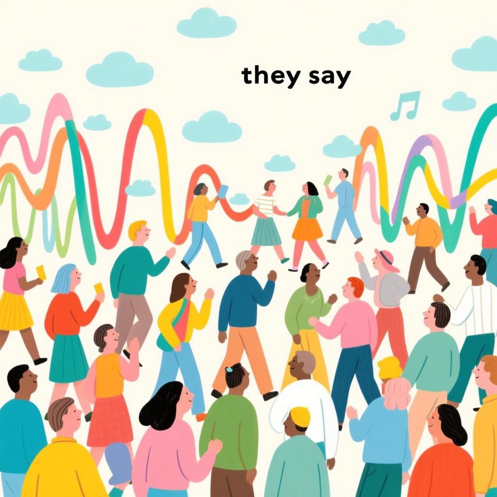 A large, diverse crowd of people clustered together, with abstract, colorful sound waves spreading quickly among them, symbolizing a widespread rumor or general information.