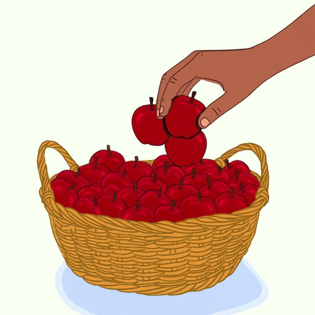 Een hand die een kleine handvol felrode appels uit een grote mand vol appels selecteert, wat het concept van 'some' (enkele) illustreert.