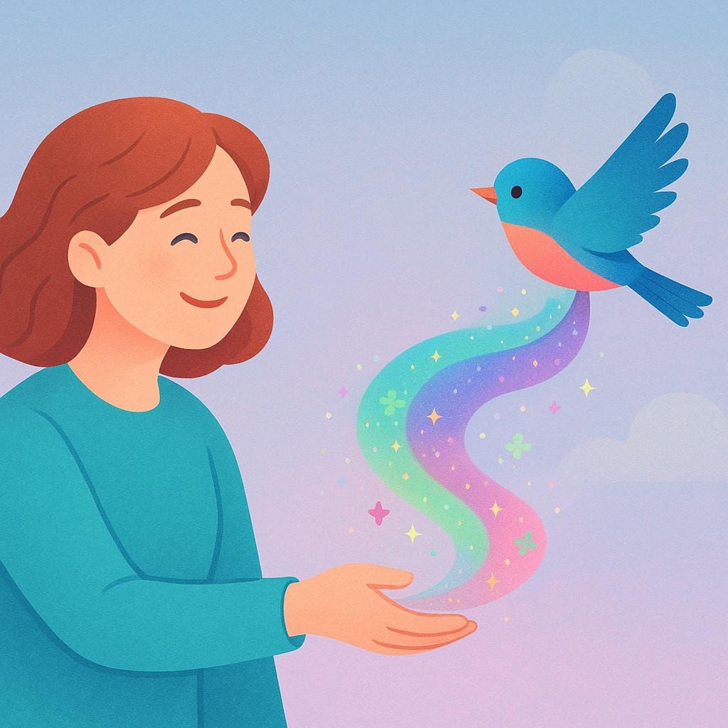 A friendly woman smiling and extending her hand toward a traveling bird, sending a stream of sparkling, colorful luck energy towards it, symbolizing wishing someone well.