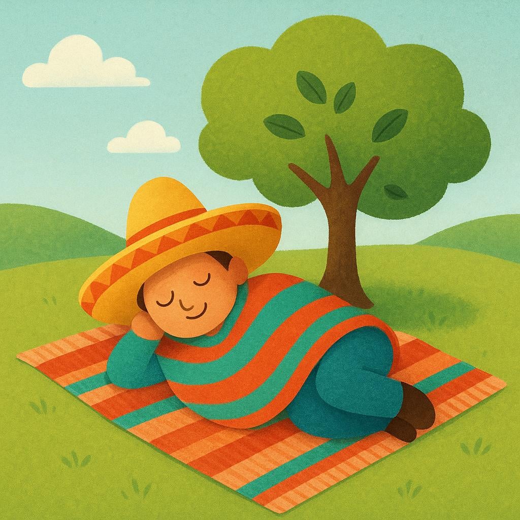 A figure wearing a wide-brimmed hat is peacefully asleep, resting on a blanket spread beneath a small shade tree.