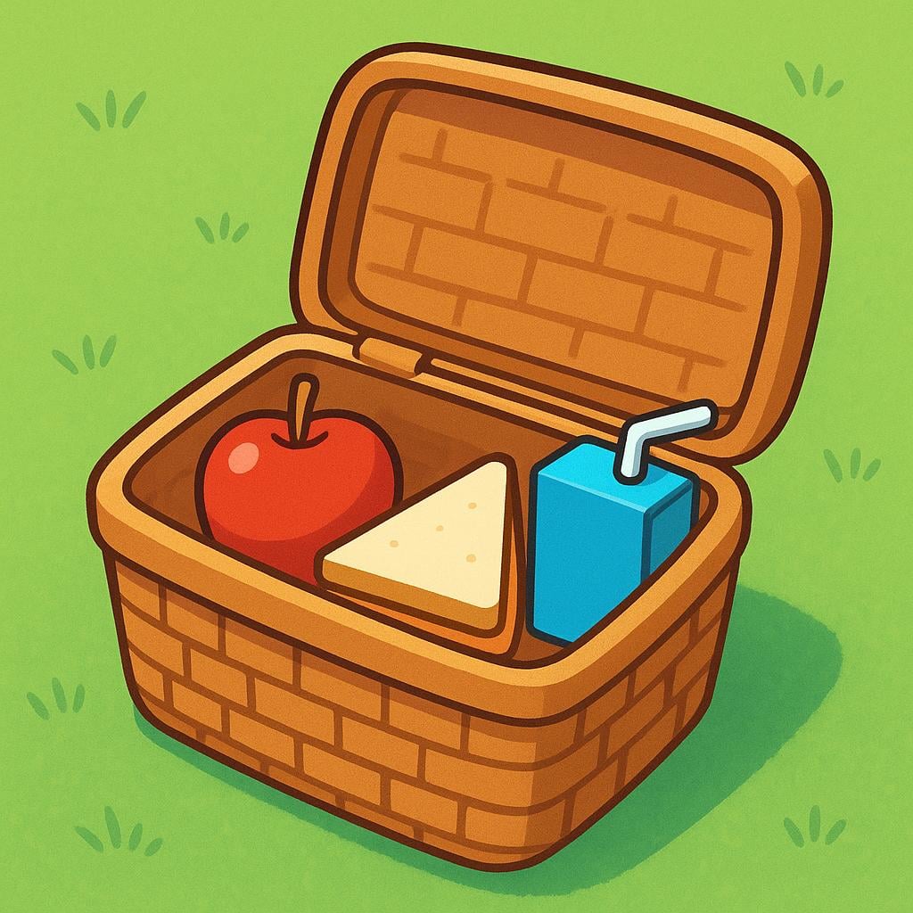An open, woven picnic basket sitting on a green field. The basket contains a red apple, a sandwich, and a blue juice box, illustrating a list of included examples.