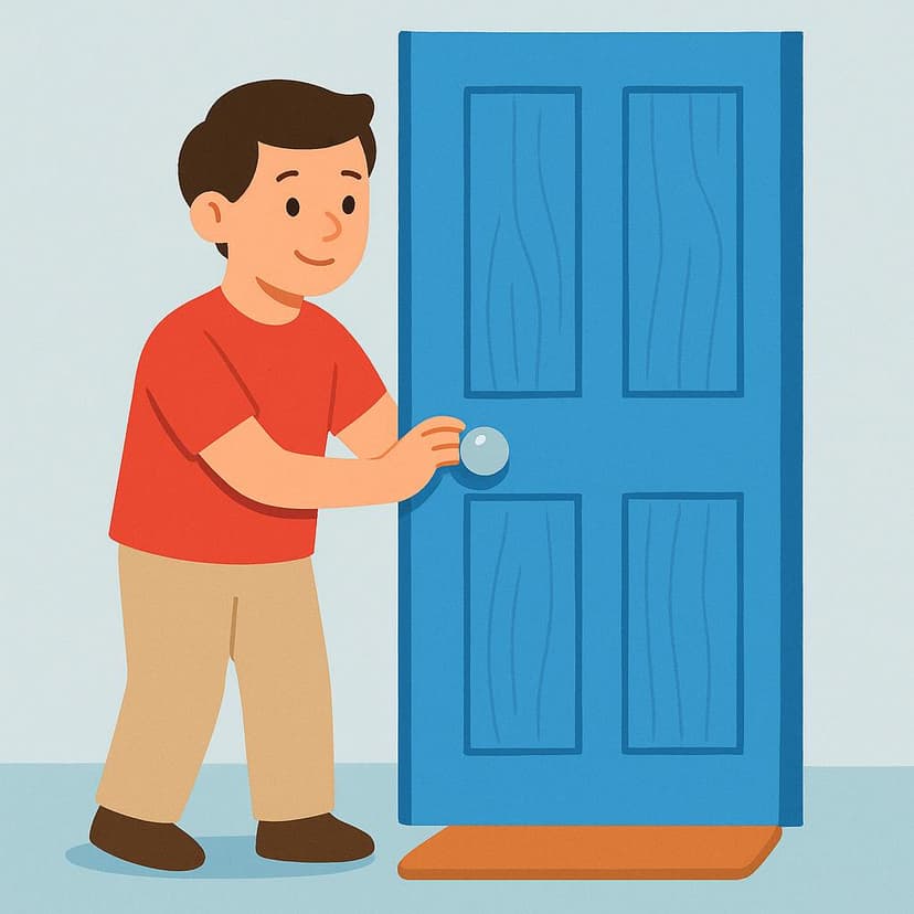 A simplified illustration of a person wearing a red shirt gently pushing a bright blue door shut with one hand.