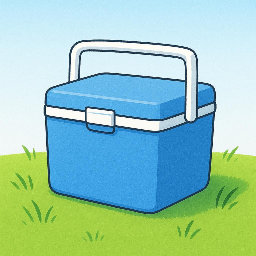 A simple, portable blue cooler box with a white lid and a handle on top, sitting on green grass.