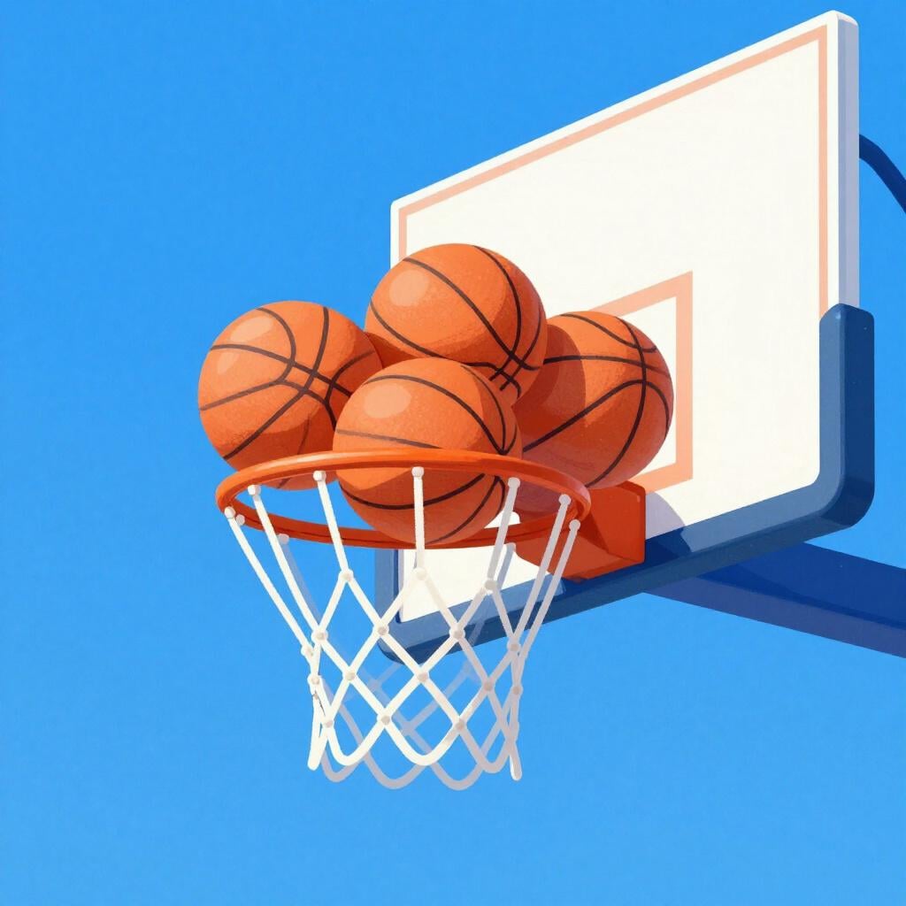 A colorful illustration of a basketball basket with several balls inside, representing a high score.