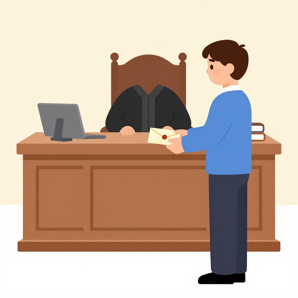 Uma pessoa entregando um documento formal a um oficial atrás de uma mesa de madeira.