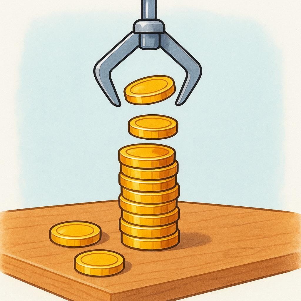 A mechanical claw is lifting a small group of gold coins away from a larger stack of coins on a wooden table, symbolizing a deduction from a total amount.