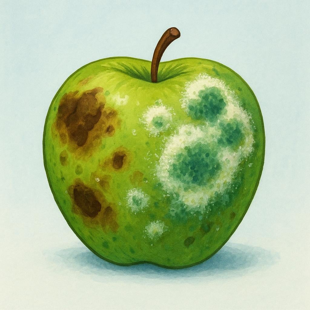 A vibrant green apple covered in thick, white and green mold, sitting on a wooden surface.