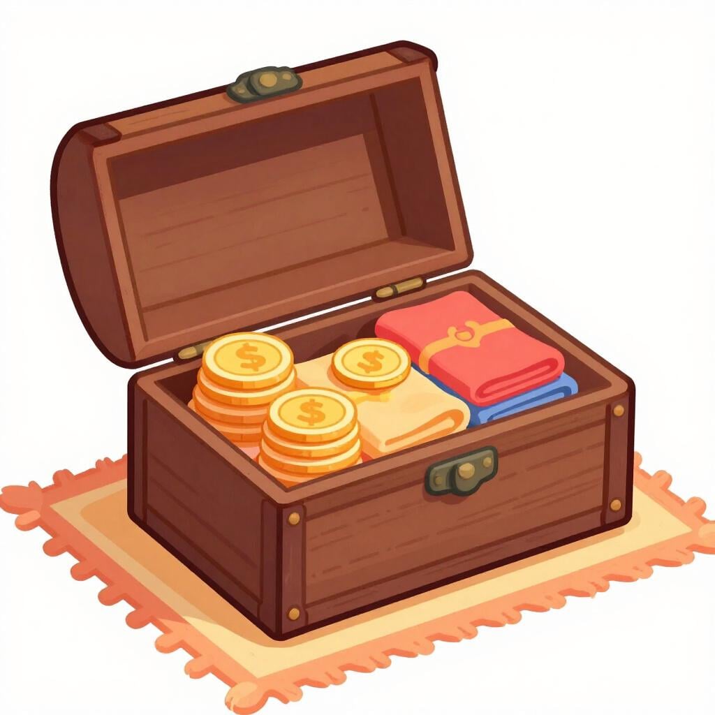 An ornate wooden chest filled with folded fine linens and gold coins.