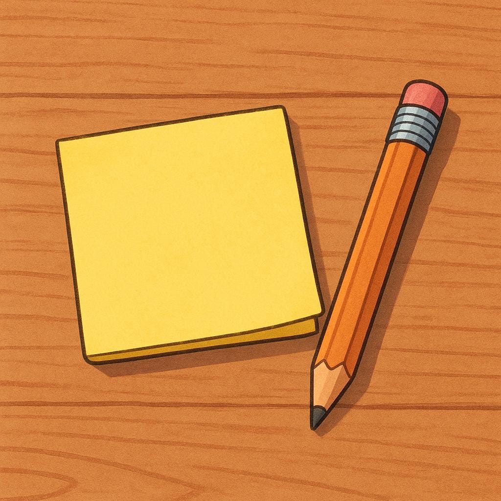 A single yellow square sticky note attached to a wooden surface, with a pencil resting beside it, representing a short memo.