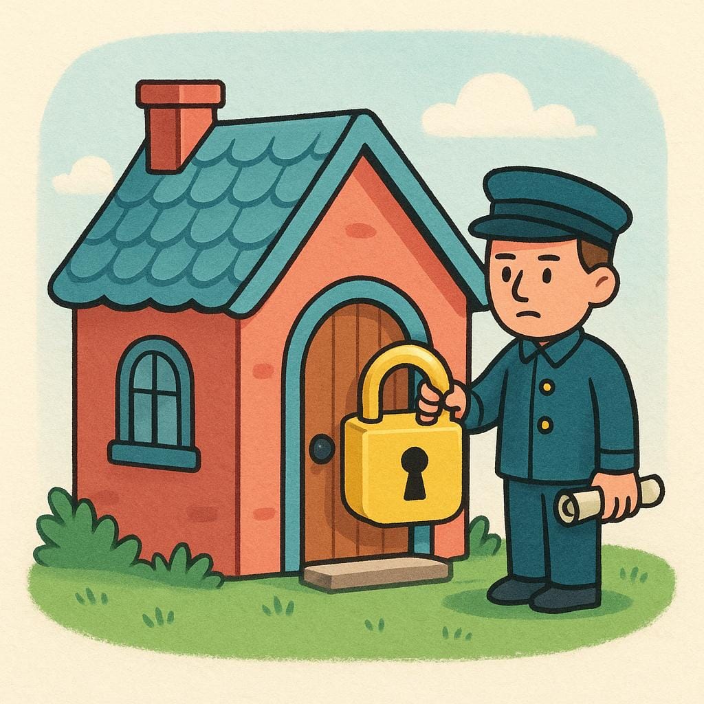 A small, cozy house with a large, official legal seal or padlock placed on the front door by a formal person, representing the seizure of property.