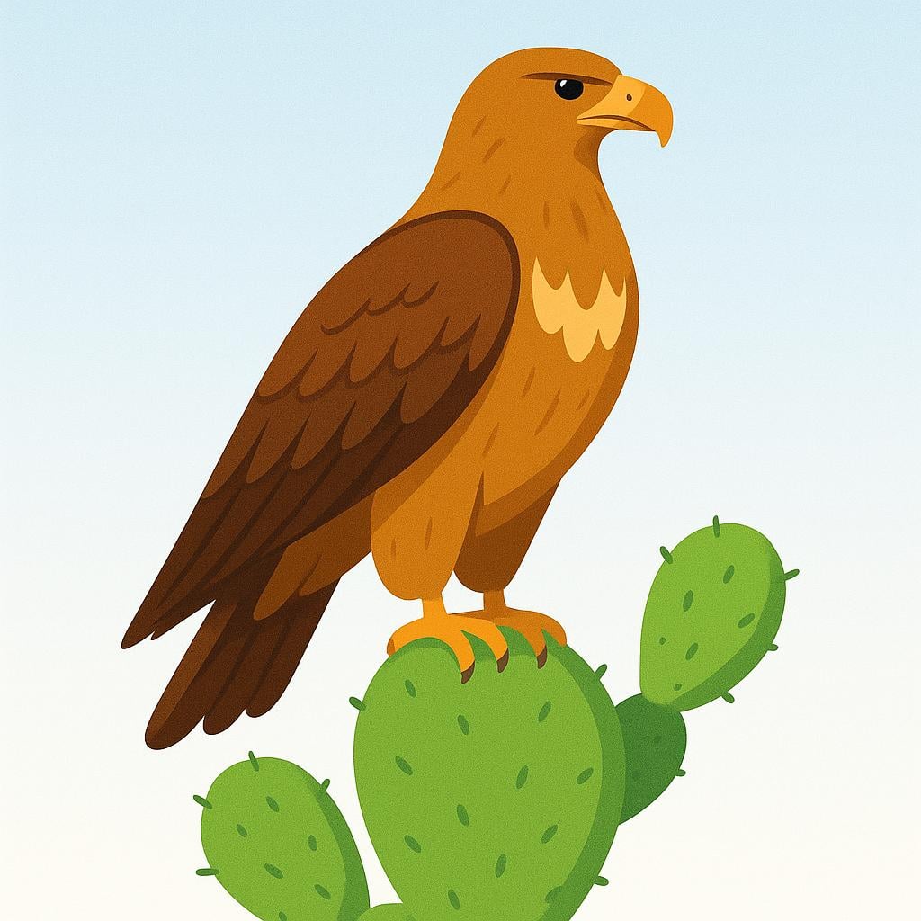 A simplified, colorful storybook illustration featuring a golden eagle perched on a tall, bright green prickly pear cactus, symbolizing the country of Mexico.