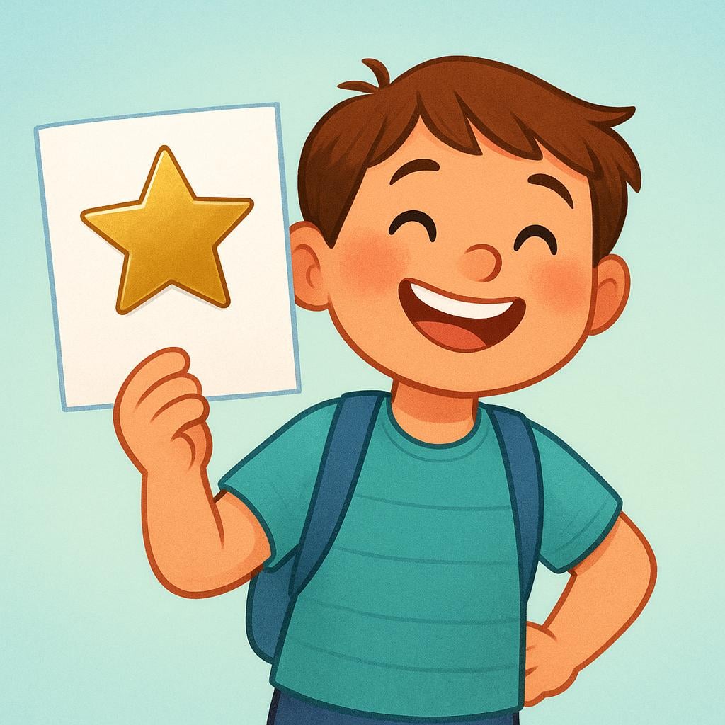 A smiling student character proudly holding up a sheet of paper marked with a large, shiny gold star, indicating a good result.
